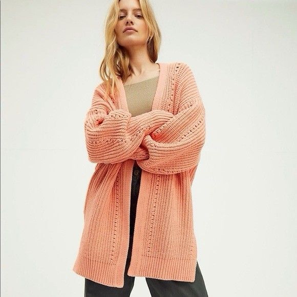 NWOT Free People Nightingale Cotton Cardigan in Shell Coral Orange Sz XS Oversz - Picture 6 of 8